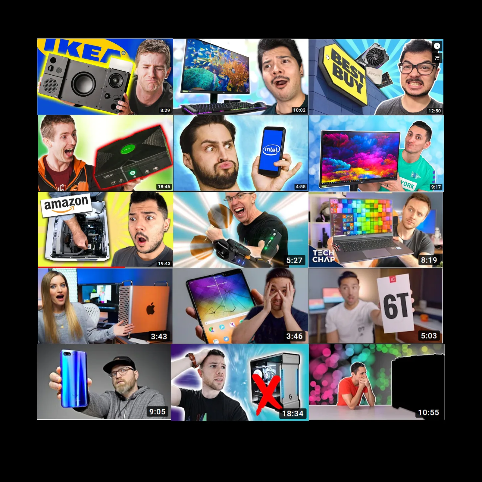 A grid of YouTube thumbnails showing the converged style: shocked faces, bright saturated colors, oversized objects