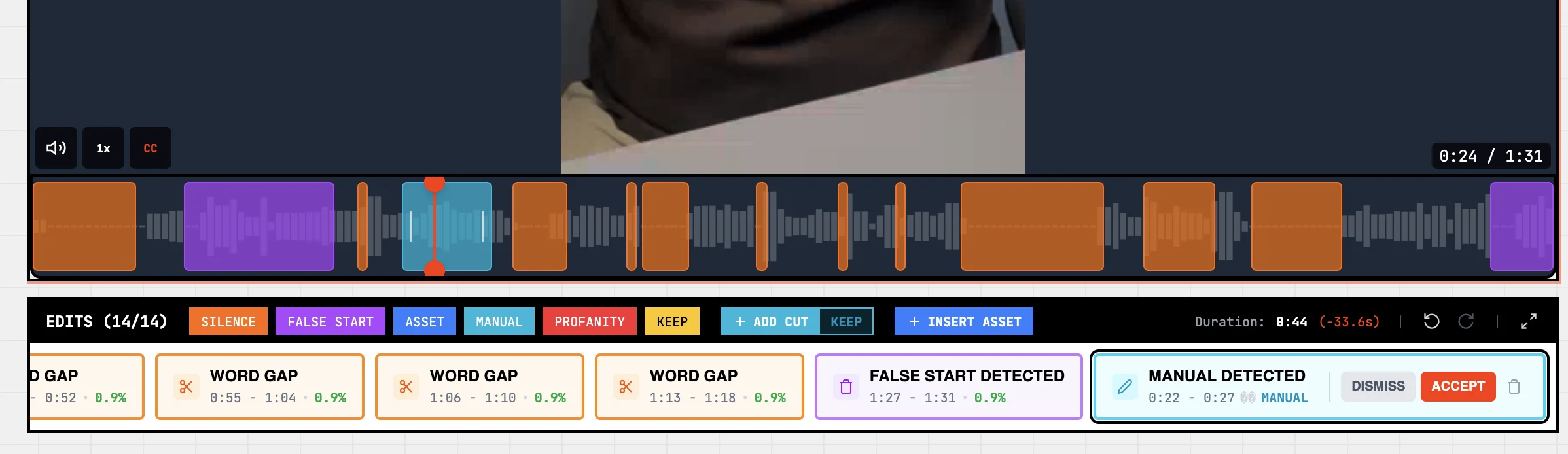 Timeline with a manual cut highlighted in blue between two AI silence cuts