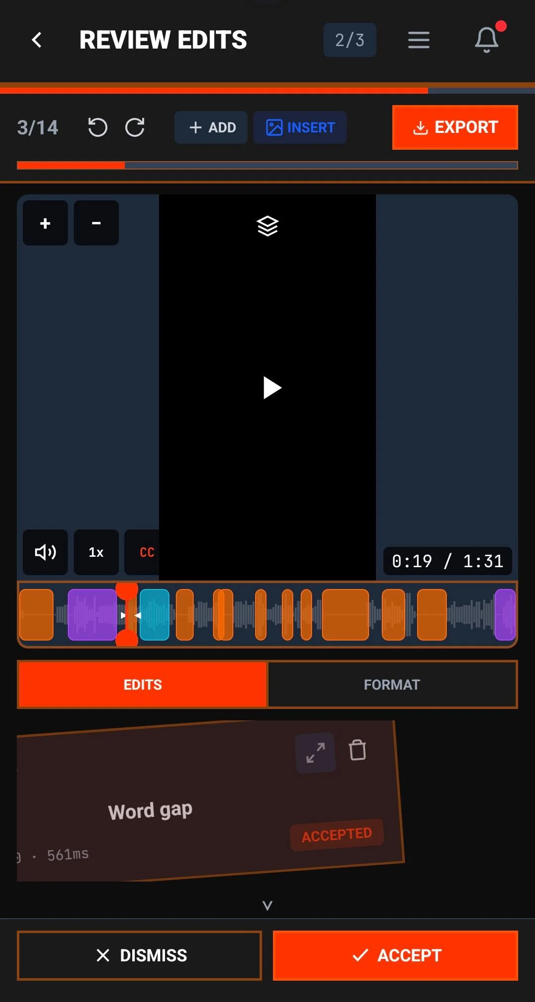 Mobile swipe-review showing one edit card centered, with timeline below