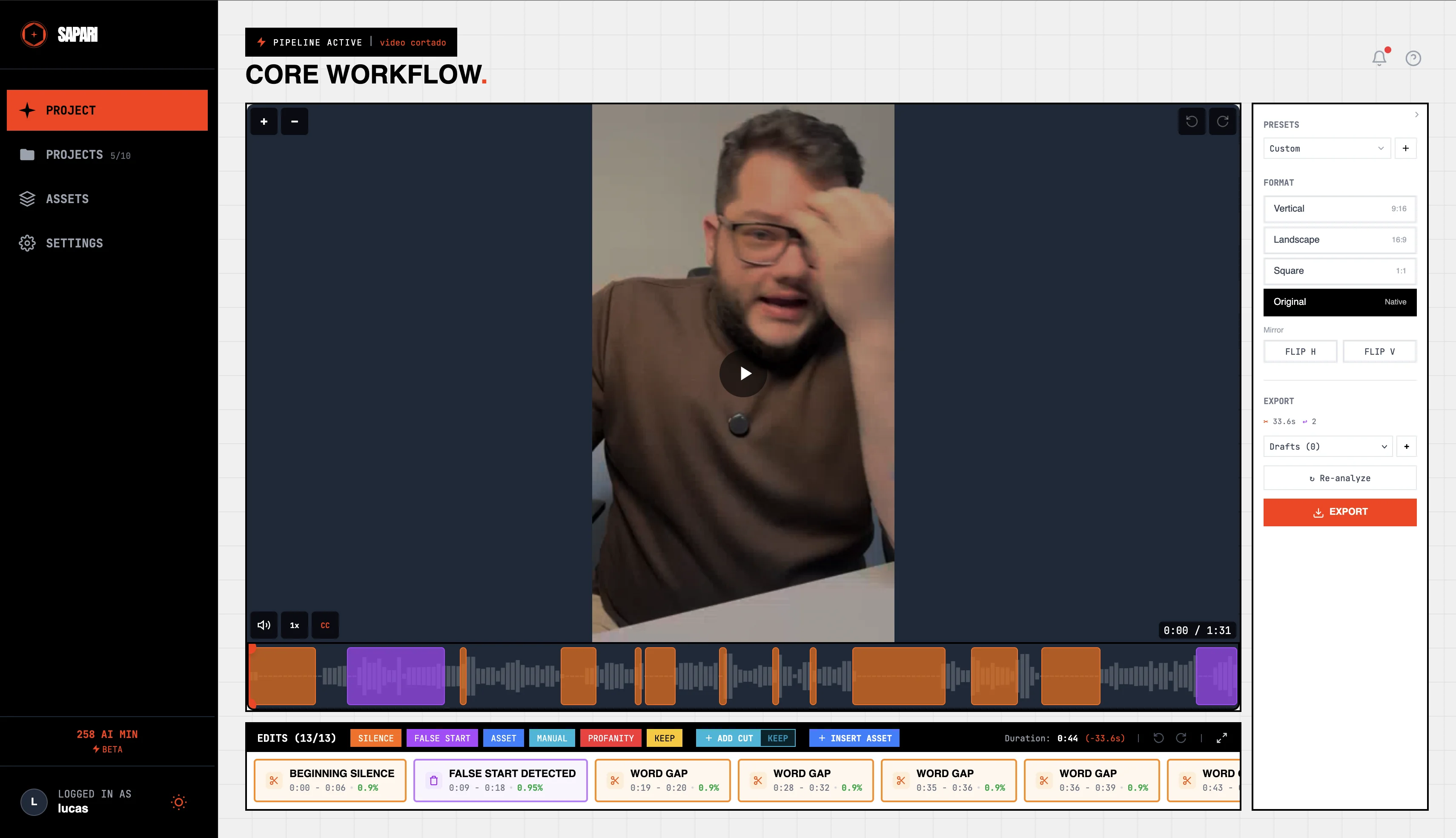 Timeline with colored cards: silence cuts in orange, false-start flags in red, B-roll in another color