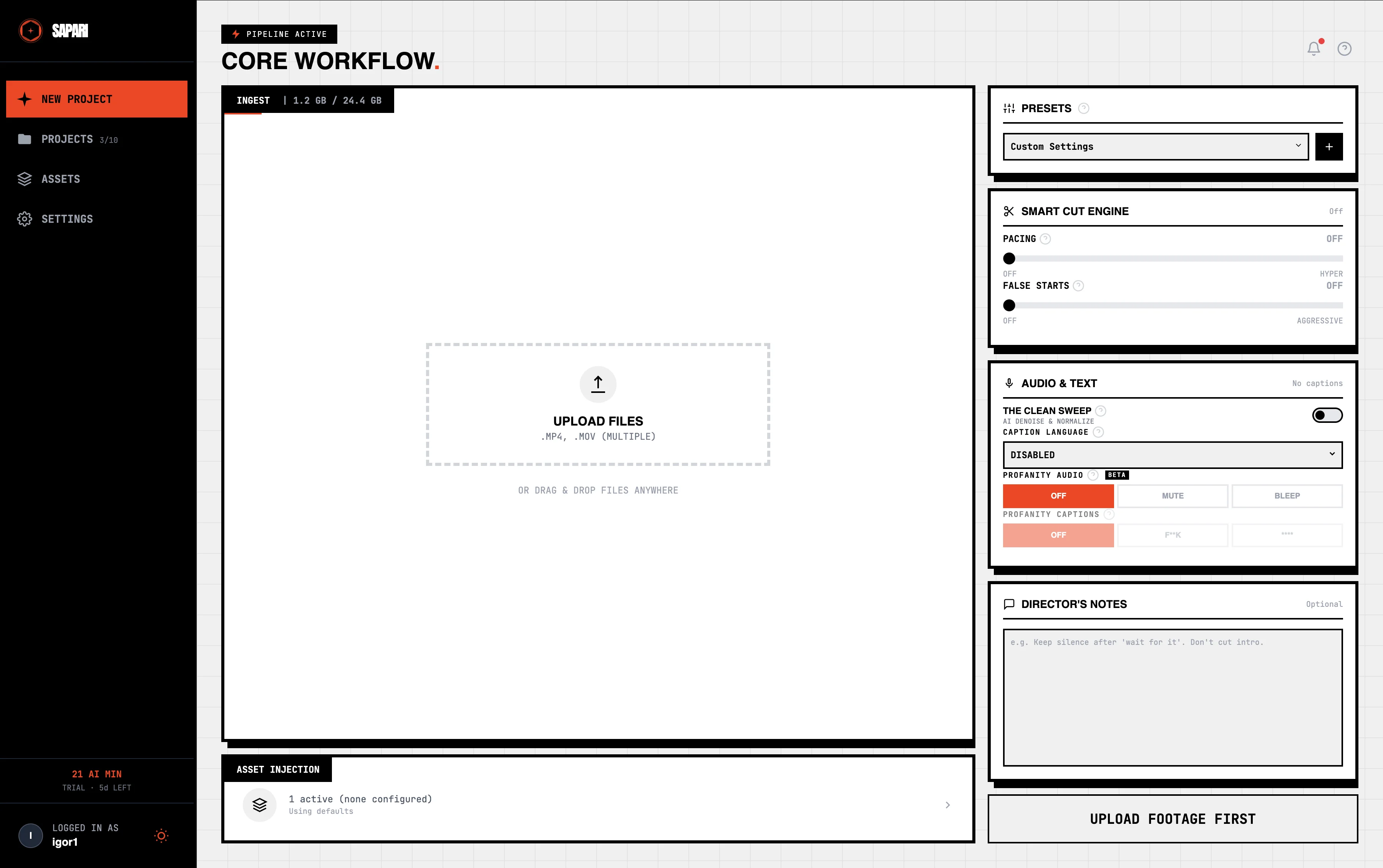 The new-project upload zone with a drag-and-drop area